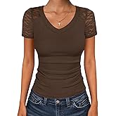 ANRABESS Women Short Sleeve V Neck Lace Shirts Ribbed Knit Fitted Basic Tee Top 2026 Summer Casual T-Shirts Going Out Outfits