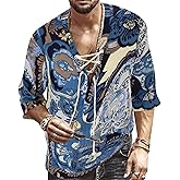 Men's Fashion Shirt Short Sleeve Beach V-Neck Drawstring Printing Yoga African Summer Top