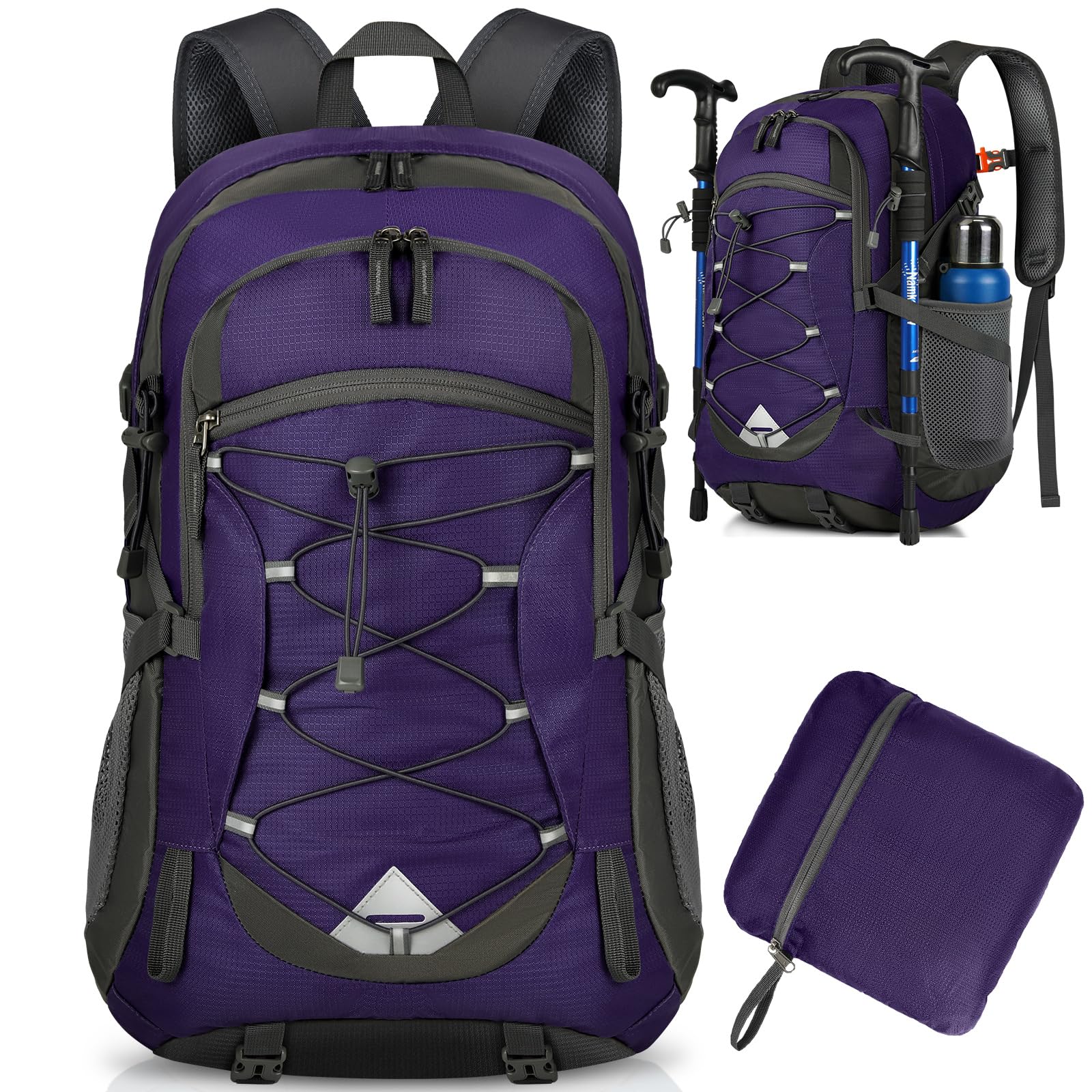 IGOLUMON Hiking Backpack 40L Lightweight Foldable Backpack for Men Women Durable Water Resistant Daypack Rucksack for Camping Cycling Climbing Walking Mountaineer Outdoor Sports (Purple)