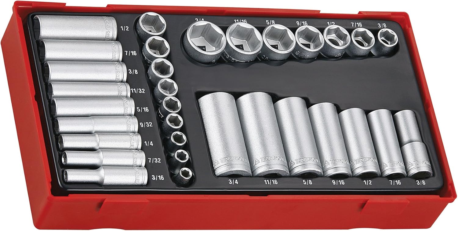 Teng TTAF32 1/ 4-3/ 8-inch Regular/ Deep Socket Set Drive (32 Pieces), Silver, Variety Pack
