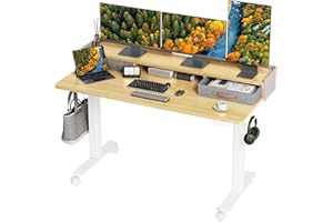 INNOVAR Whole-Piece Standing Desk with Drawers, 55 x 24 inches Bamboo Stand up Desk with Storage Shelf, Electric Sit Stand Desk for Home Office, White Frame/Bamboo Top