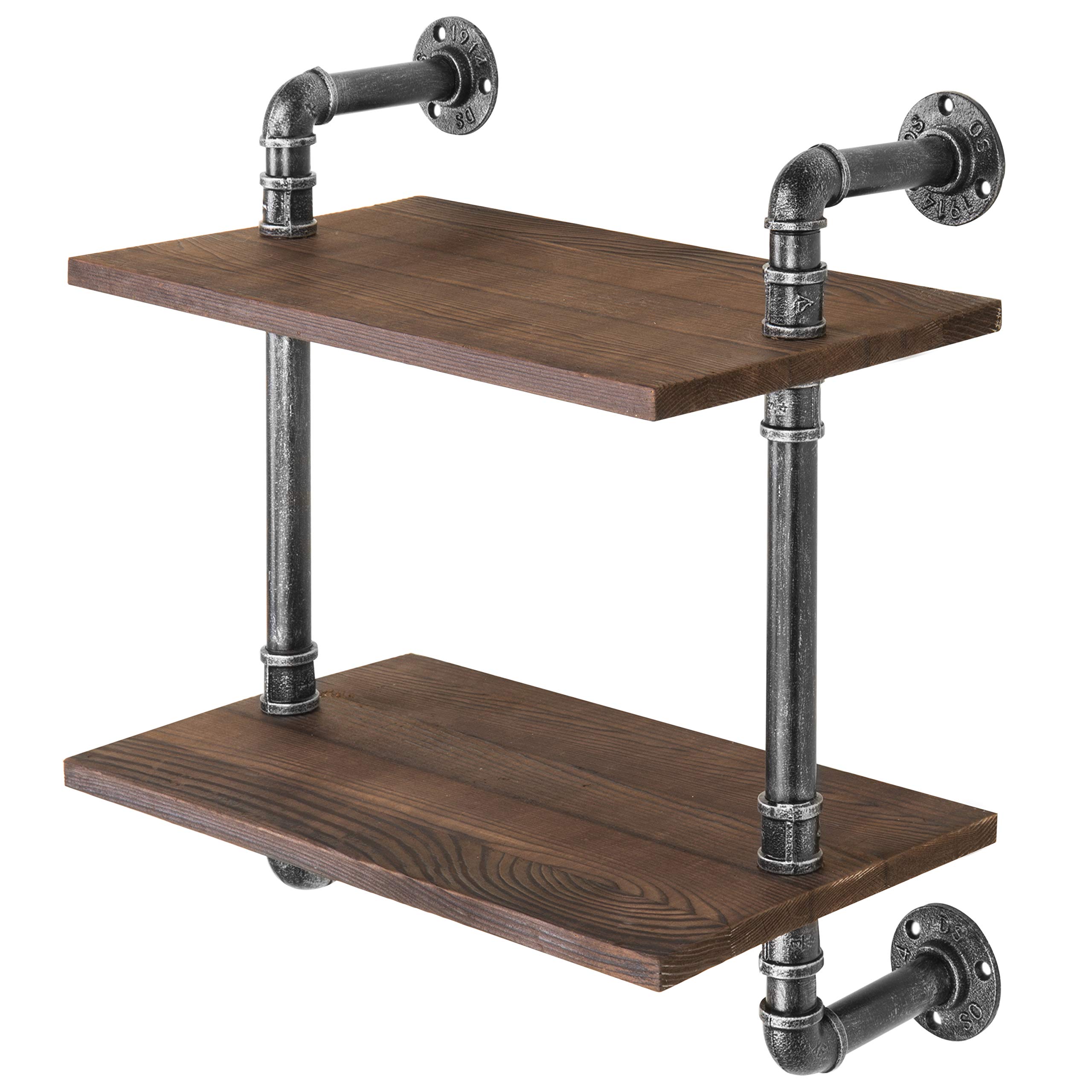 MyGift 17-Inch Industrial Black Metal Pipe & Rustic Brown Wood 2-Tier Wall-Mounted Shelf Unit