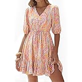 BTFBM Women Summer Spring Floral Boho Dress 2026 V Neck Short Sleeve Ruffle Beach Vacation Clothes Wedding Guest Dresses