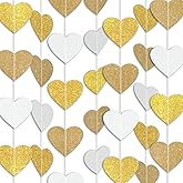 White Gold Party Decorations, Heart Streamers Garland- 48ft, Christmas Wedding Engagement Neutral Baby Shower Bachelorette Bridal Shower Party Decorations