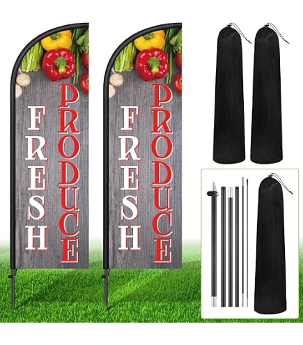 Windless Swooper Feather Flag Banner – 2.5x11.5 Ft – Fresh Produce Sign – Darker Color