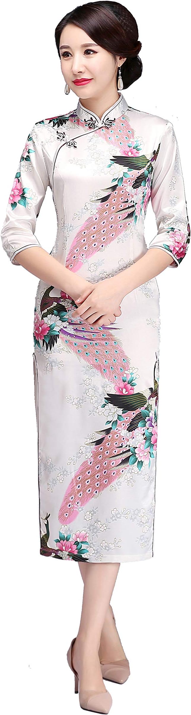 Shanghai Story Peacock Print Long Qipao 3/4 Sleeve Chinese Dress Cheongam