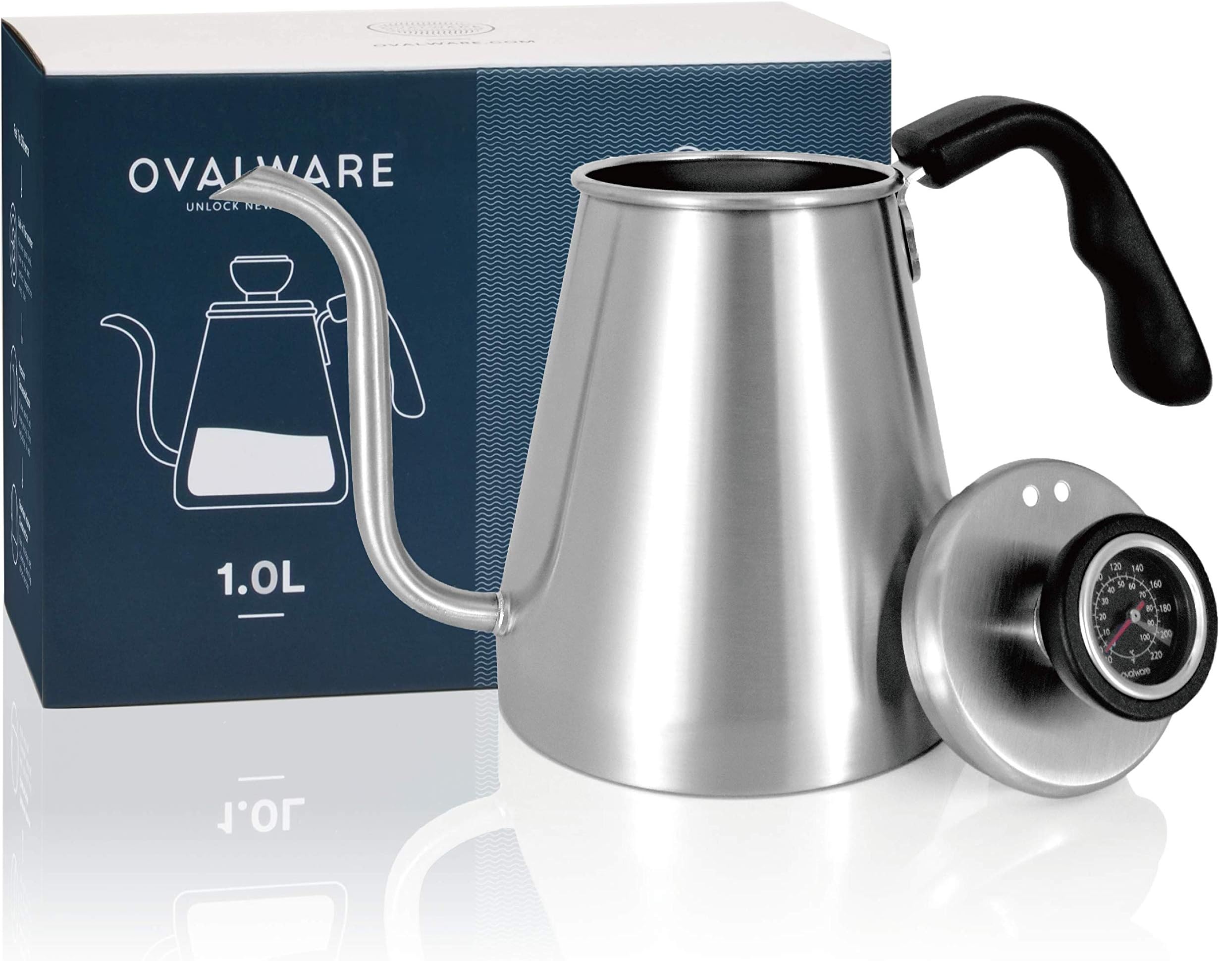 Pour Over Coffee Kettle and Tea Kettle with Built-in Thermometer 1.0L/34oz - Ovalware RJ3 Stainless Steel Drip Kettle with Precision Gooseneck Spout Four Home Brewing, Camping and Travelling