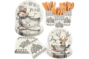GRABNGOPARTY 168PCS Christmas Snowman Party Supplies Winter Holiday Let It Snow Party Decorations Grey Watercolor Xmas Pine Deer Tableware Paper Plate Cup Napkin Forks Knives Serves 24