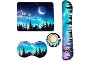 AIMSA Keyboard Wrist Rest Support + Mouse Pad + Mouse Wrist Rest + Coaster, Ergonomic Memory Foam Anti-Slip Rubber Base 4 PCS Set Easy Typing Pain Relief, Forest Moon Sky