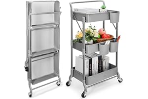 johgee Foldable 3 Tier Metal Utility Rolling Cart, Folding Mobile Multi-Function Storage Trolley Organizer Cart for Home Library Office(Grey)