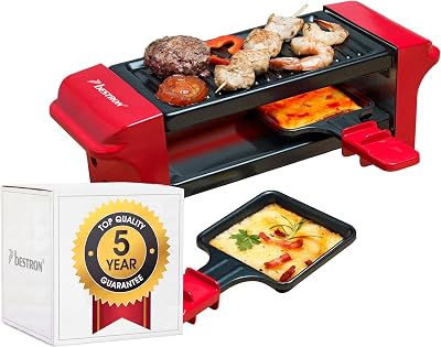 Appareil a raclette, Mini Grill pour 1 à 2 personnes, avec 2 poêlons et 2 spatules, avec revêtement antiadhésif, 350 Watts, couleur: Rouge/Noir