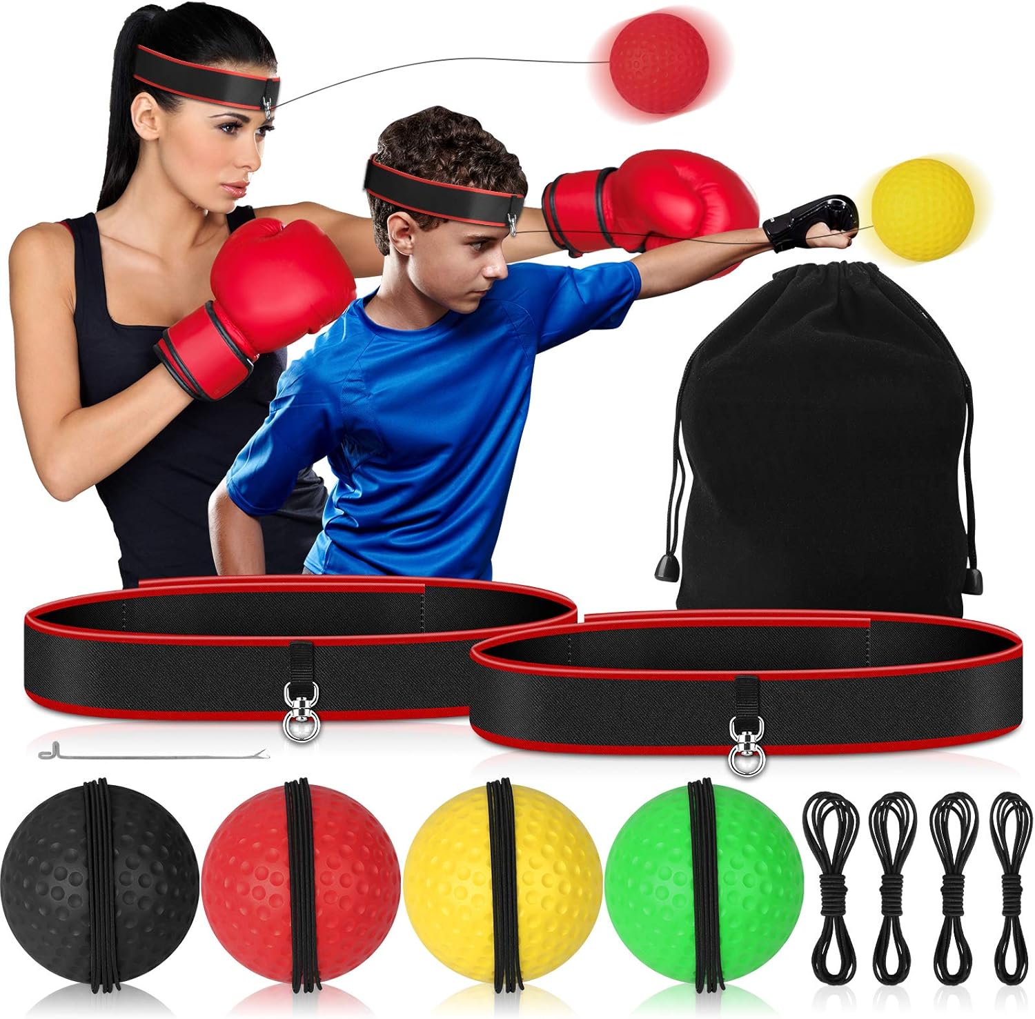 EEEKit Boxing Reflex Ball Set, 4 React Reflex Balls with 2 Adjustable Headbands, 3 Difficulty Levels Punching Balls for Hand Eye Coordination Tranining, Punching Speed, Fight Reaction : Sports & Outdoors