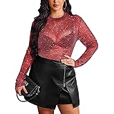 IN'VOLAND Women's Plus Size See Through T Shirt Glitter Sheer Mesh Top Long Sleeve Shirts Mock Neck Clubwear Slim Blouse