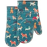 Oven Mitts Set of 2 with Transparent Clear Silicone Shell and Nice Dog Printing Cotton Lining, Heat Resistant to 500 F Kitchen Oven Gloves Pot Holder for Cooking (Blue)