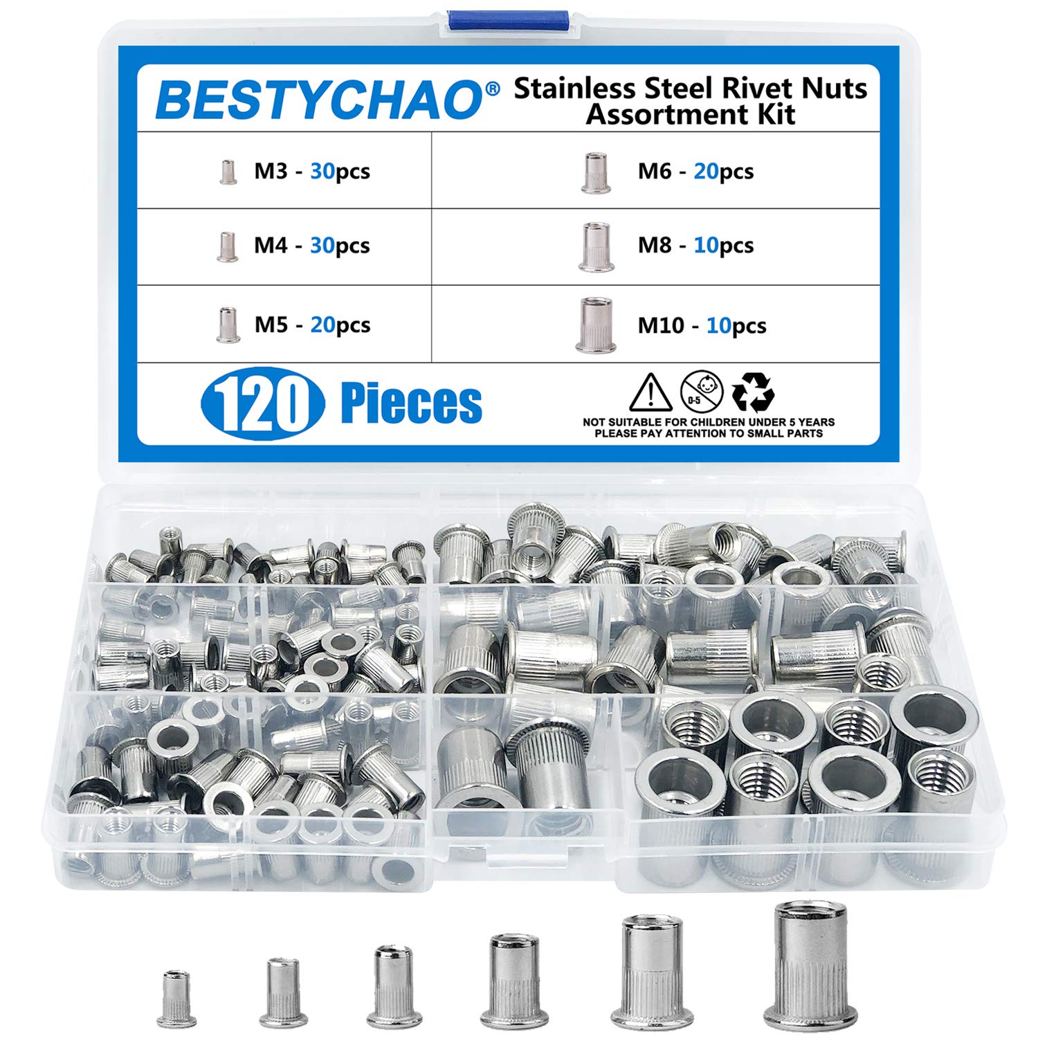 BESTYCHAO 120pcs Rivet Nut 304 Stainless Steel Flat Head Threaded Insert Nutsert, Rivnut Assortment Kit M3 M4 M5 M6 M8 M10