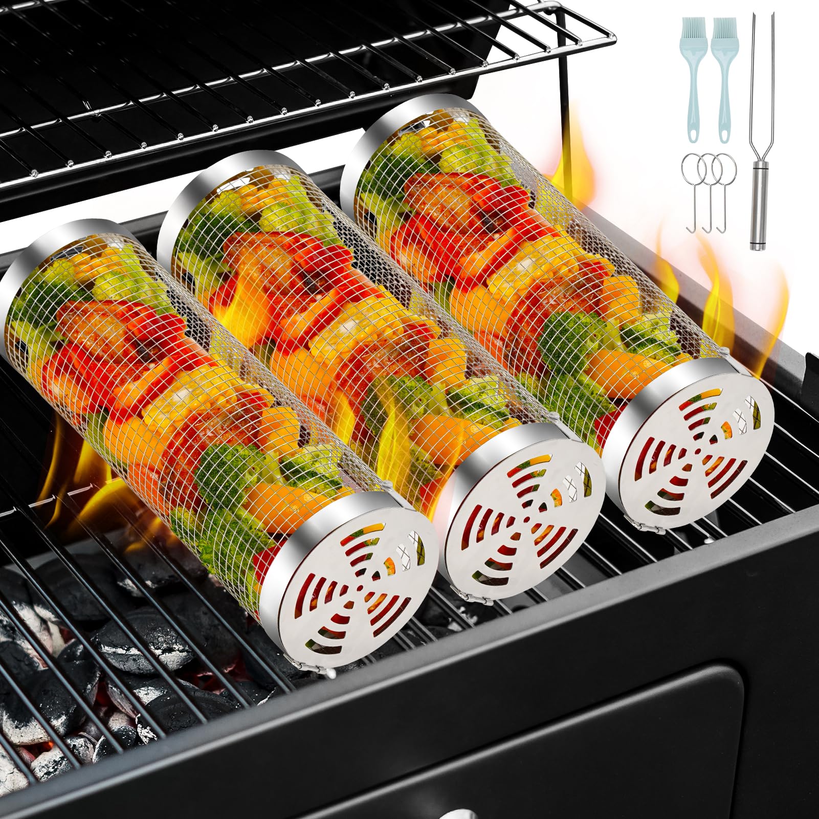 Photo 1 of ZORMY 3pcs Rolling Grill Baskets, Grill Veggie Basket, BBQ Baskets for Grilling, Round Stainless Steel Grill Baskets for Outdoor Grill, Camping basket for Vegetables, Birthday Gifts for Men