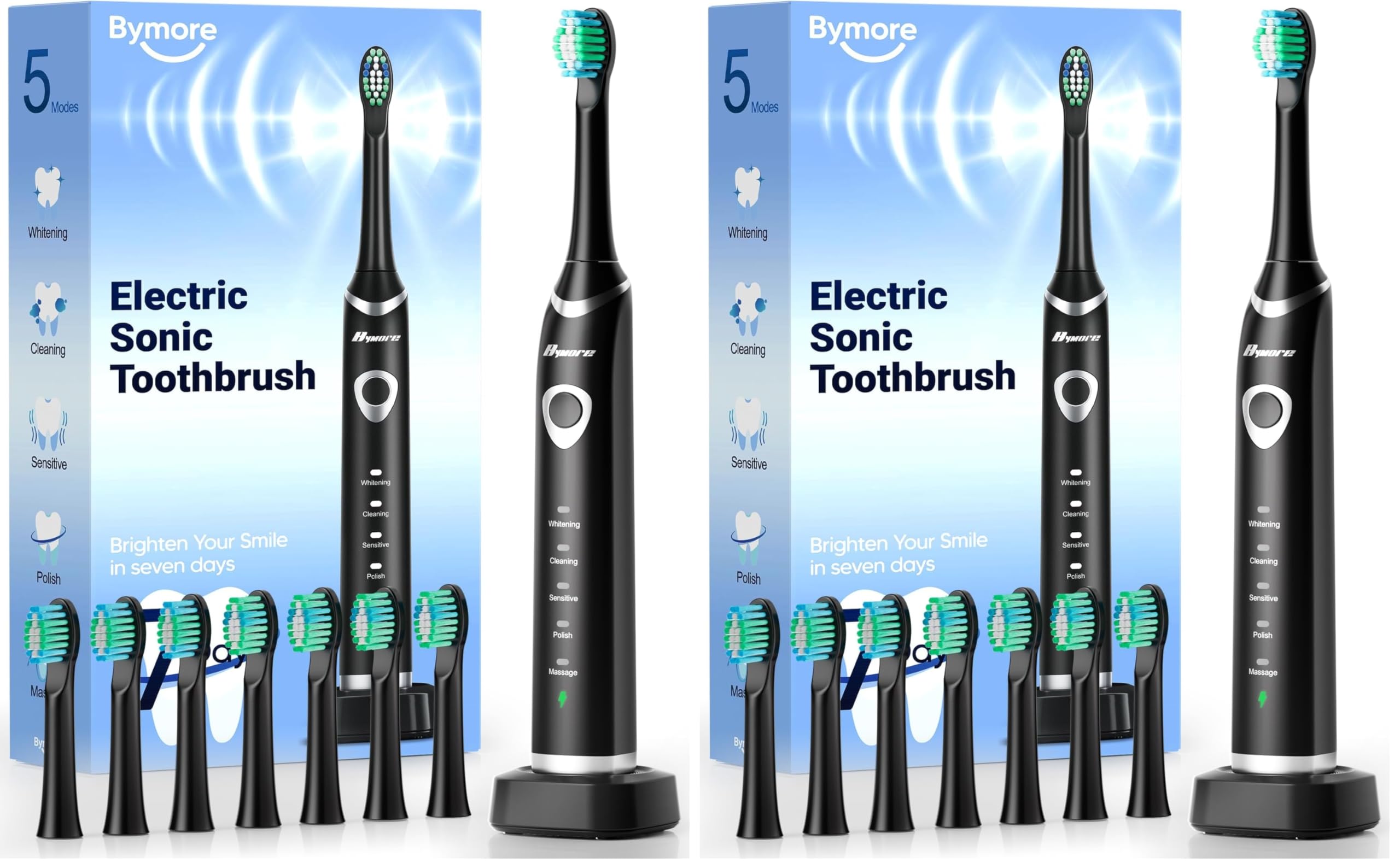 Bymore Electric Toothbrush for Adults,Sonic Rechargeable Toothbrush with 8 Brush Heads,330-Day Battery,5 Cleaning Modes & 2-Min Timer,Travel-Friendly Ultra Clean Design – Black,(Pack of 2)