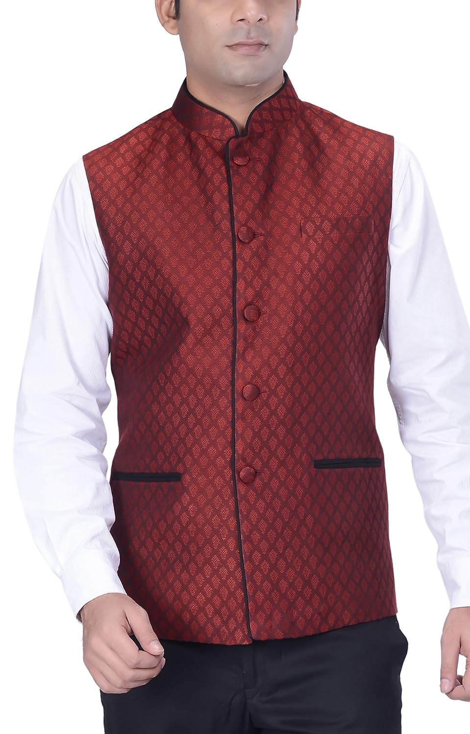 kisah men's woven cotton silk maroon nehru jacket