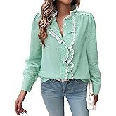 Women's Elegant Blouses Casual Long Sleeve Striped Button Up Work Office Shirts Teacher Fall Ruffle Lace Cute Tops