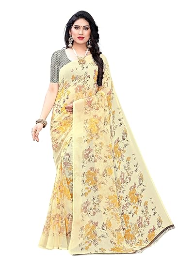 Womens Yellow Chiffon Printed Saree With Blouse Piece (MAZE YELLOW_Free Size)
