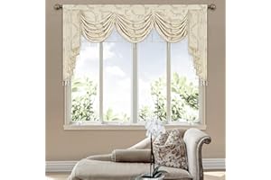 Loom and Mill Luxury Jacquard Waterfall Valance for Living Room, Elegant Damask Swag Window Valances with Beads, Beige Swag Curtains for Bedroom Banquet Holiday Decoration(W79Inch,1 Panel)