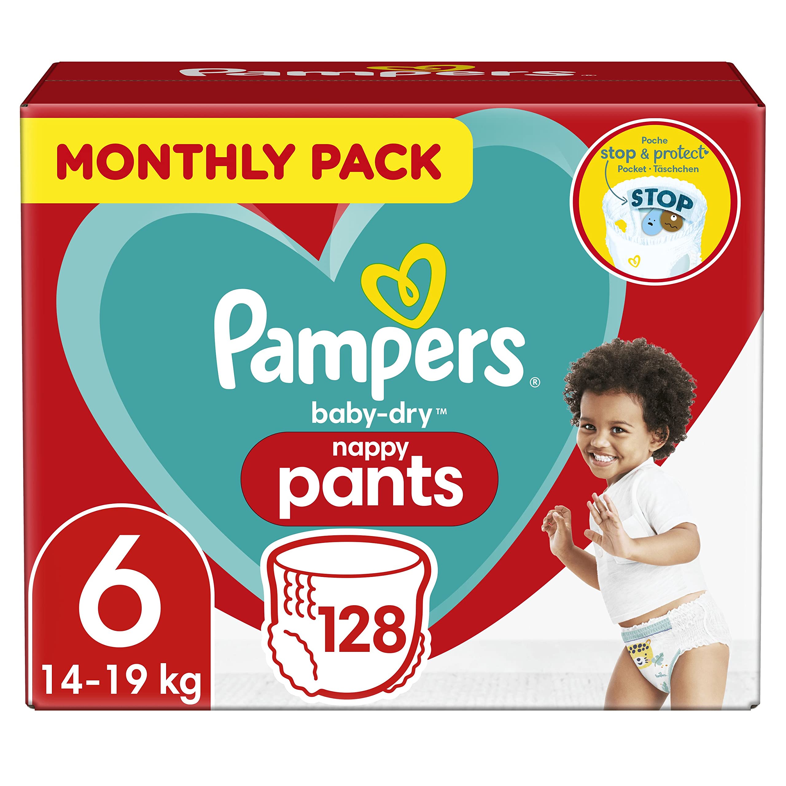 Pampers Baby Nappy Pants Size 6 (15+ kg/33 Lb), Baby-Dry, 128 Nappies, MONTHLY SAVINGS PACK, With A Stop & Protect Pocket To Help Prevent Leaks At The Back
