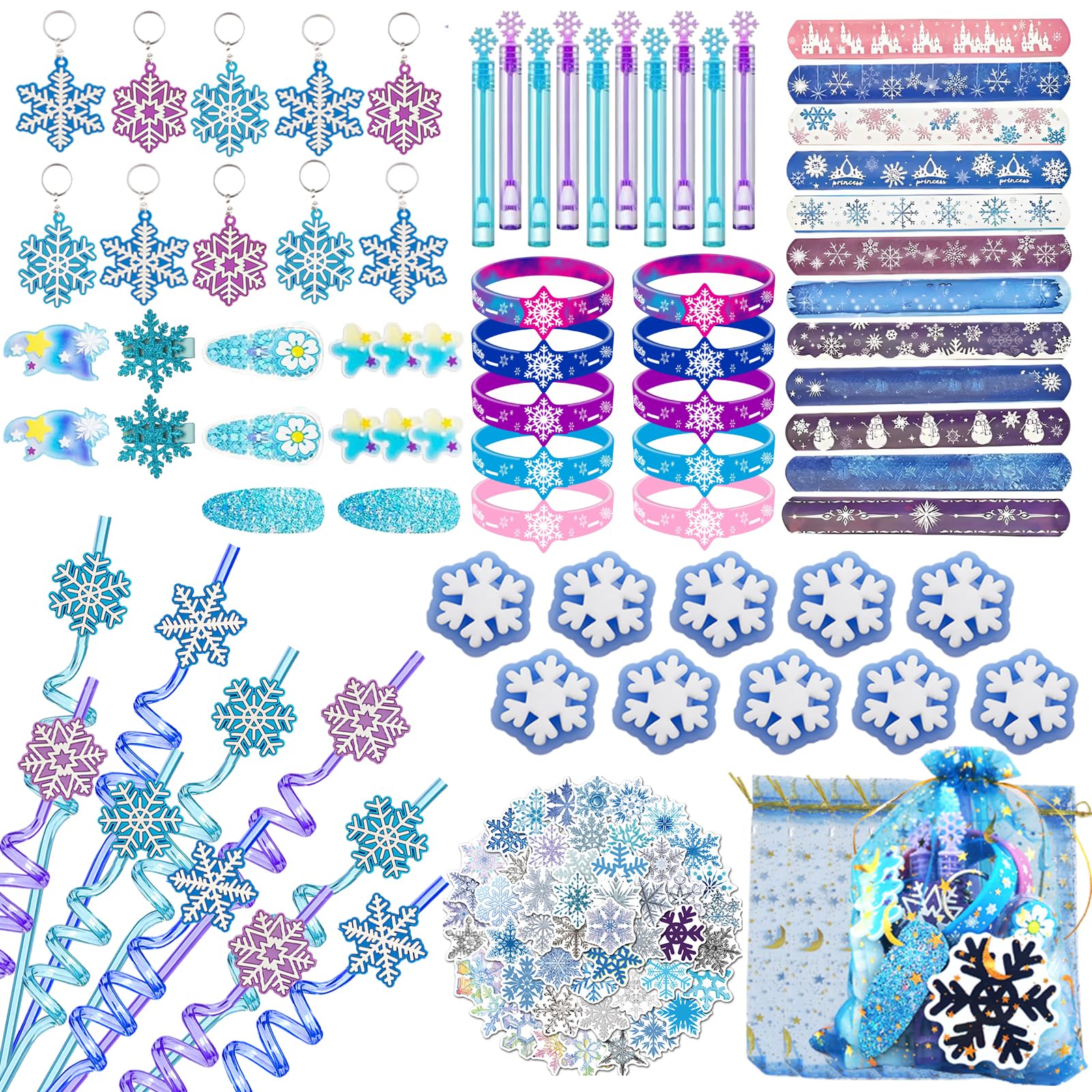 Photo 1 of 132Pcs Snowflake Party Favors Set Birthday Party Supplies Include 12 Bracelets, 10 Keychain, 10 snowflake squishies,10 wristbands,10 Hair accessories,10 straws,10 Bubble,50 Stickers and 10 Gift bags