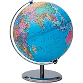 Replogle 8"/20cm Interactive Illuminated Political Globe with Chrome Base, Riser and Semi-Meridian. Standing 12 inches tall, This Colorful Easy to Read Globe Illuminates Brightly. The Perfect STEM Educational Interactive Product With Over a Thousand Pieces of Information. Ideal Night Light for Bedroom, Office or Home Decor. (Blue)