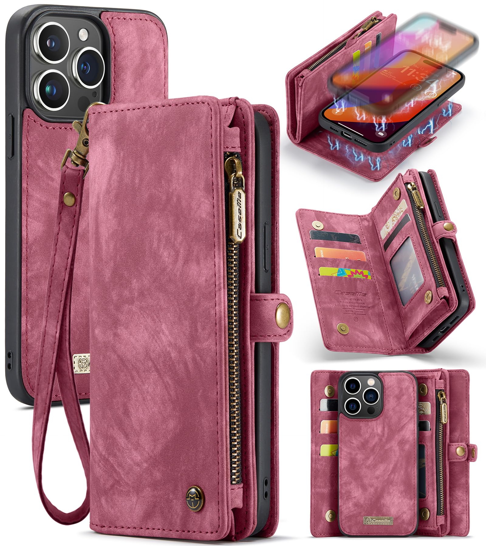 UFinetech for iPhone 15 Pro Max Case, Shockproof Card Holder Leather Wallet Cover for iPhone 15 Pro Max, Flip Bumper Magnetic Detachable Zipper Slots Strap Anti-Scratch Luxury Purse Holster, Red