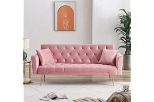 ANWICK 72"Modern Velvet Sofa Bed Futon,Convertible Folding Sleeper Bed Couches with 3 Adjustable Backrests,Tufted Recliner Love Seat with Golden Chrome Legs for Living Room Apartment Office (Pink+pillows)