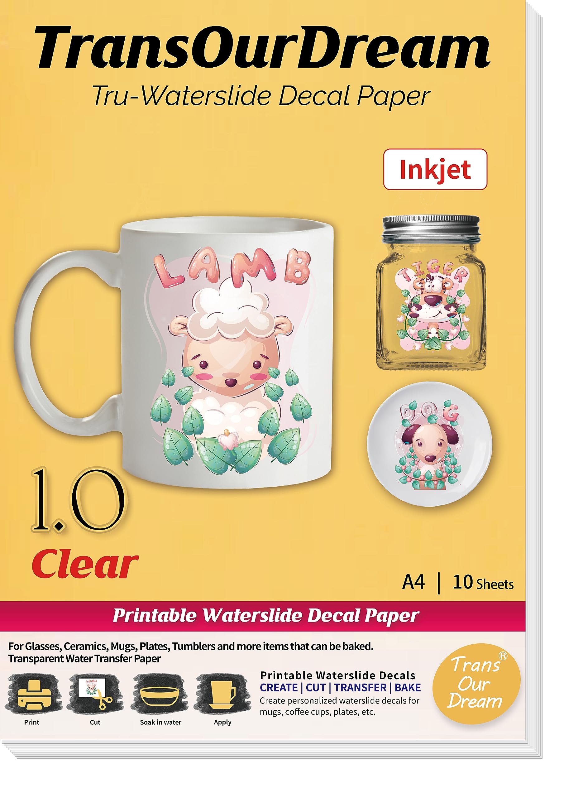 TransOurDream Tru-Waterslide Decal Paper Inkjet Clear 10 Sheets A4 Premium Printable Vinyl Transparent Paper Decals for Ceramics Mugs Candles Glasses Plates Transfer