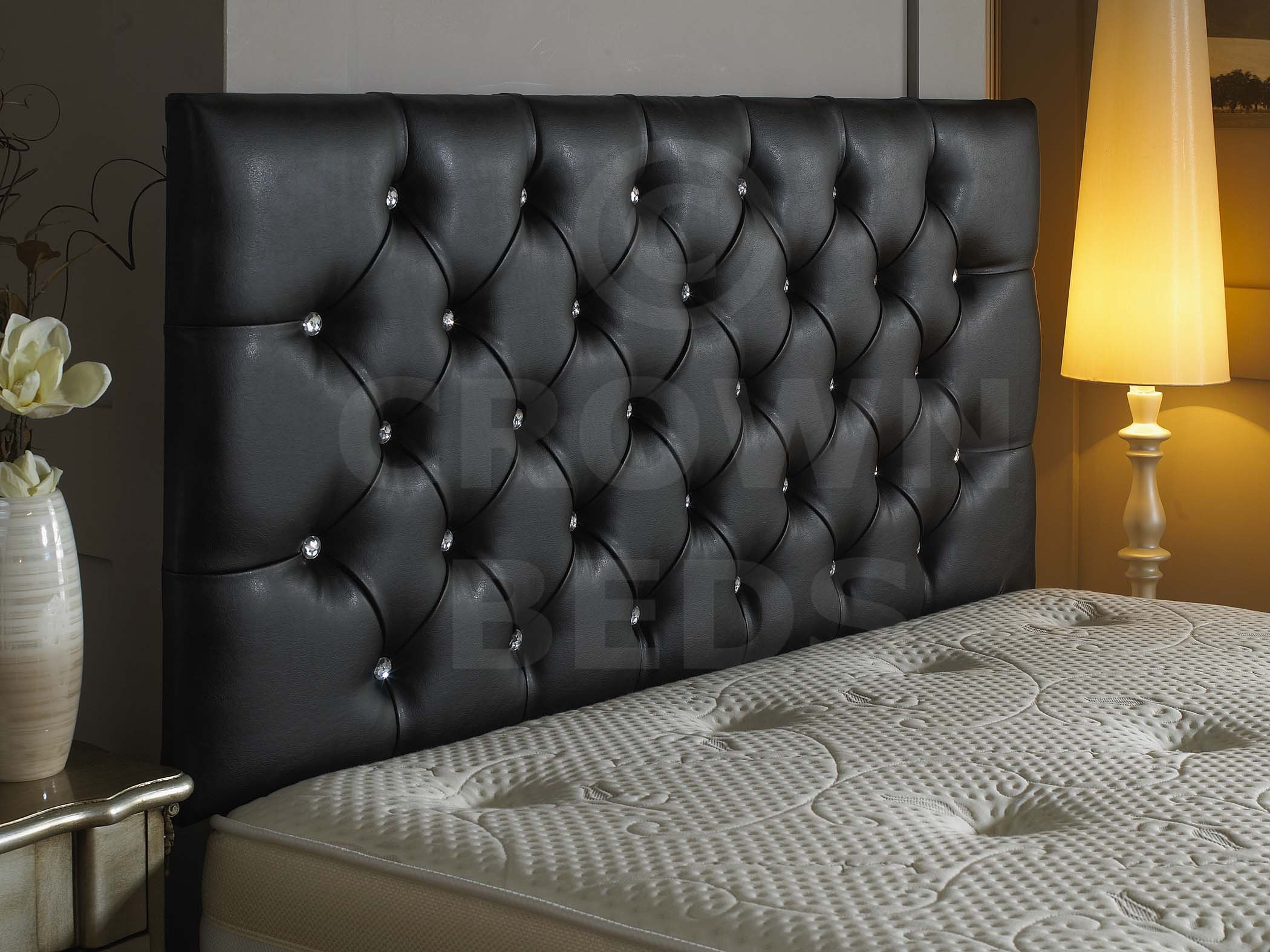 CROWNBEDSUK DIAMANTE FAUX LEATHER HEADBOARD (BLACK, 5FT)