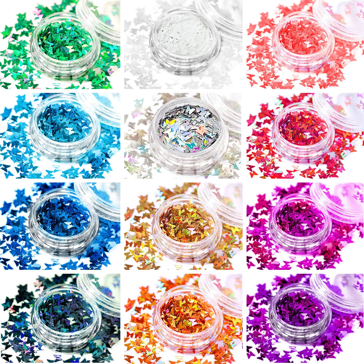Butterfly Nail Art Glitter Sequins - 3D Laser Holographic Acrylic Nail Design Accessories Iridescent Nail Glitter Flakes Decorations for Make Up Body Face Hair Eye Decor Butterflies Shaped - 12 Color: Beauty