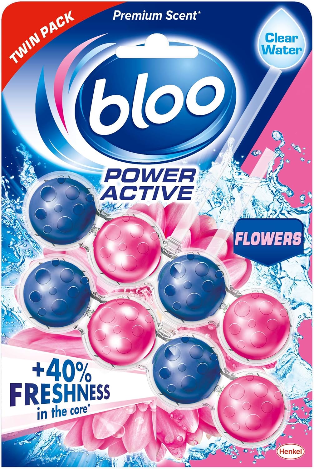 Bloo Power Active Toilet Rim Block Fresh Flowers, with Anti-Limescale, Cleaning Foam, Dirt Protection and Extra Freshness