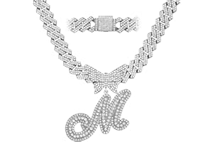 JNCTCOE Cuban Link Chain for Women Cursive Silver Initial 14MM Diamond Prong Cuban Chain Hip Hop Iced Out Chain Necklace Butterfly Initial Letter Name Necklaces for Women
