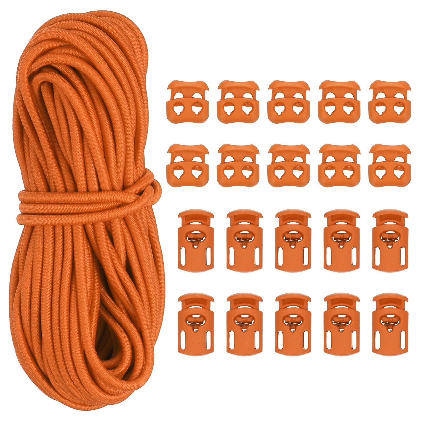 PATIKIL 16 Yard Elastic Bungee Cord & 10pcs Single Hole Cord Lock & 10pcs Double Hole Spring Toggle Stopper for Paracord Drawstring Shoelace Clothing Backpack Bags, Orange