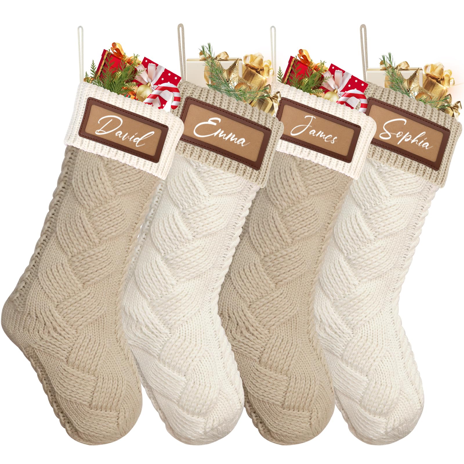 Dremisland 4PCS Personalized Knitted Christmas Stockings 18” Large Cable Knitted Customized Stocking Khaki White Christmas Stocking Fireplace Hanging Sock Gift Bag for Holiday Xmas Party Family Decor