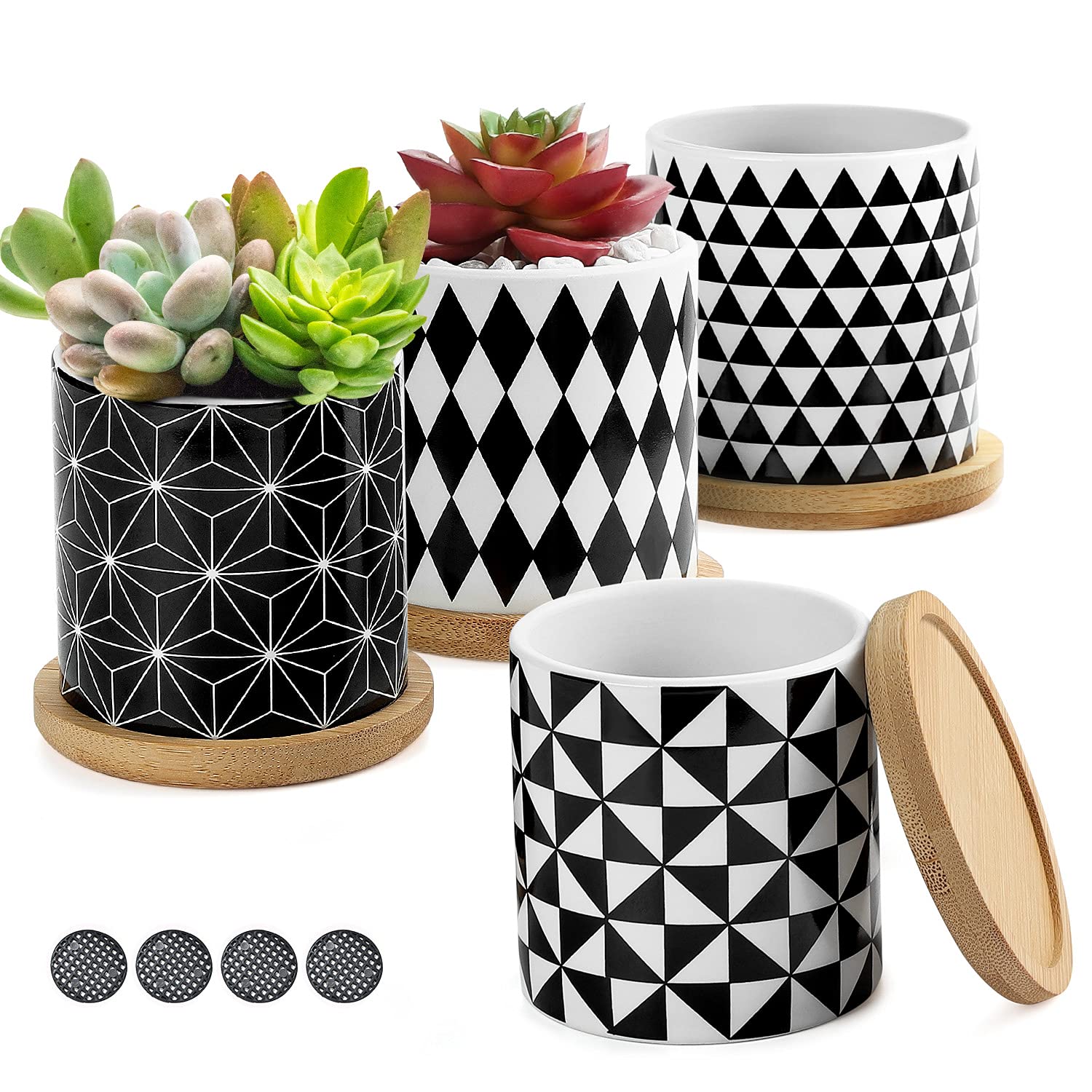 Coolty 4pcs Succulent Plant Pots, 7CM Small Flower Pots Geometry Pattern Cactus Plant Holder Container with Bamboo Tray Unique Gift Idea