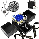 FOCIE Preserved Blue Real Rose with I Love You Necklace -Eternal Flowers Rose Gifts for Mom Grandma Wife Girlfriend Gifts for Her Christmas Birthday Anniversary