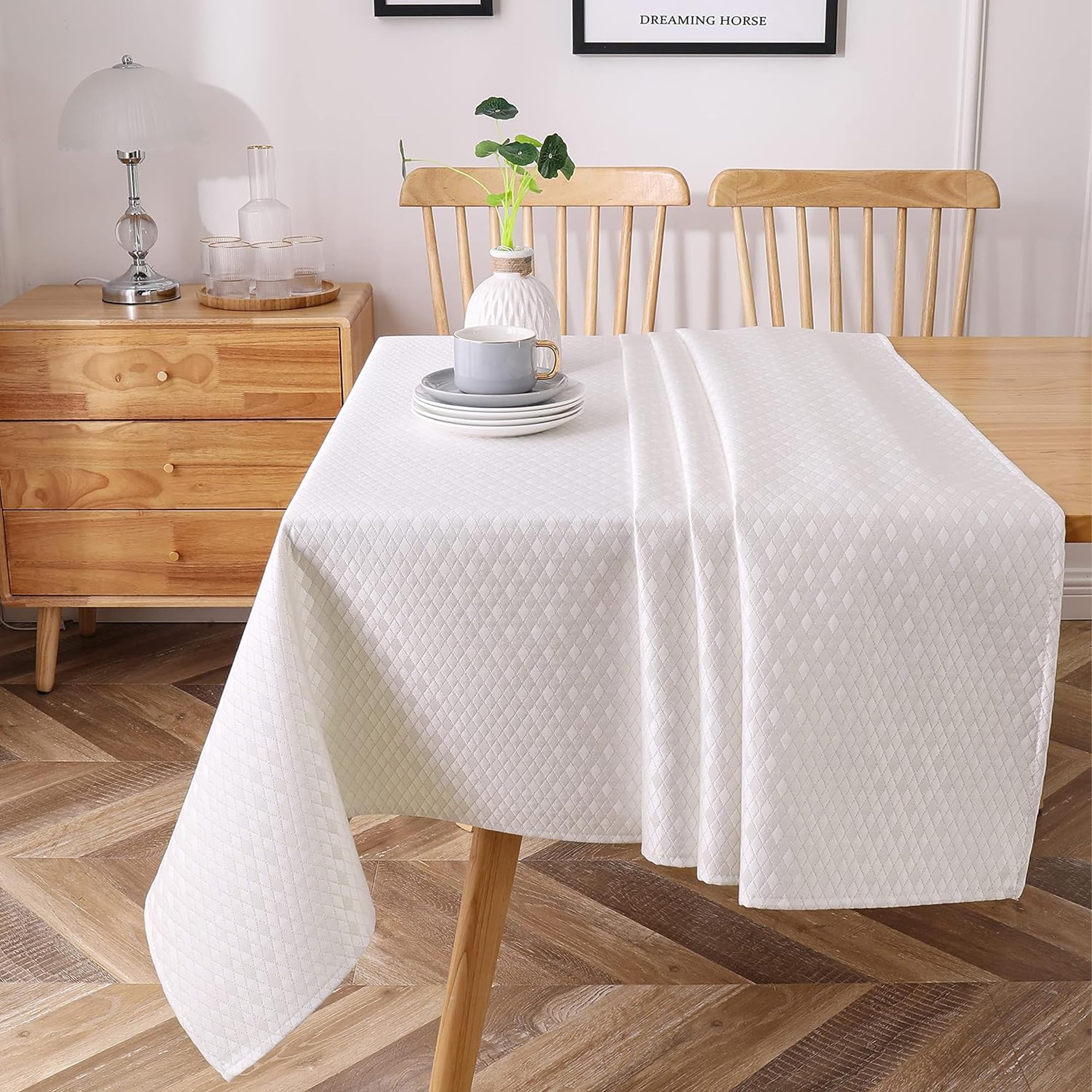 Majestic Giftware Polyester Tablecloths for Rectangle Tables | (60/90) – TC1364 Jacquard Diamond Gold Print Hem Stitch Dining Table Cover | Decorative Washable Tablecloth for Kitchen, Dining