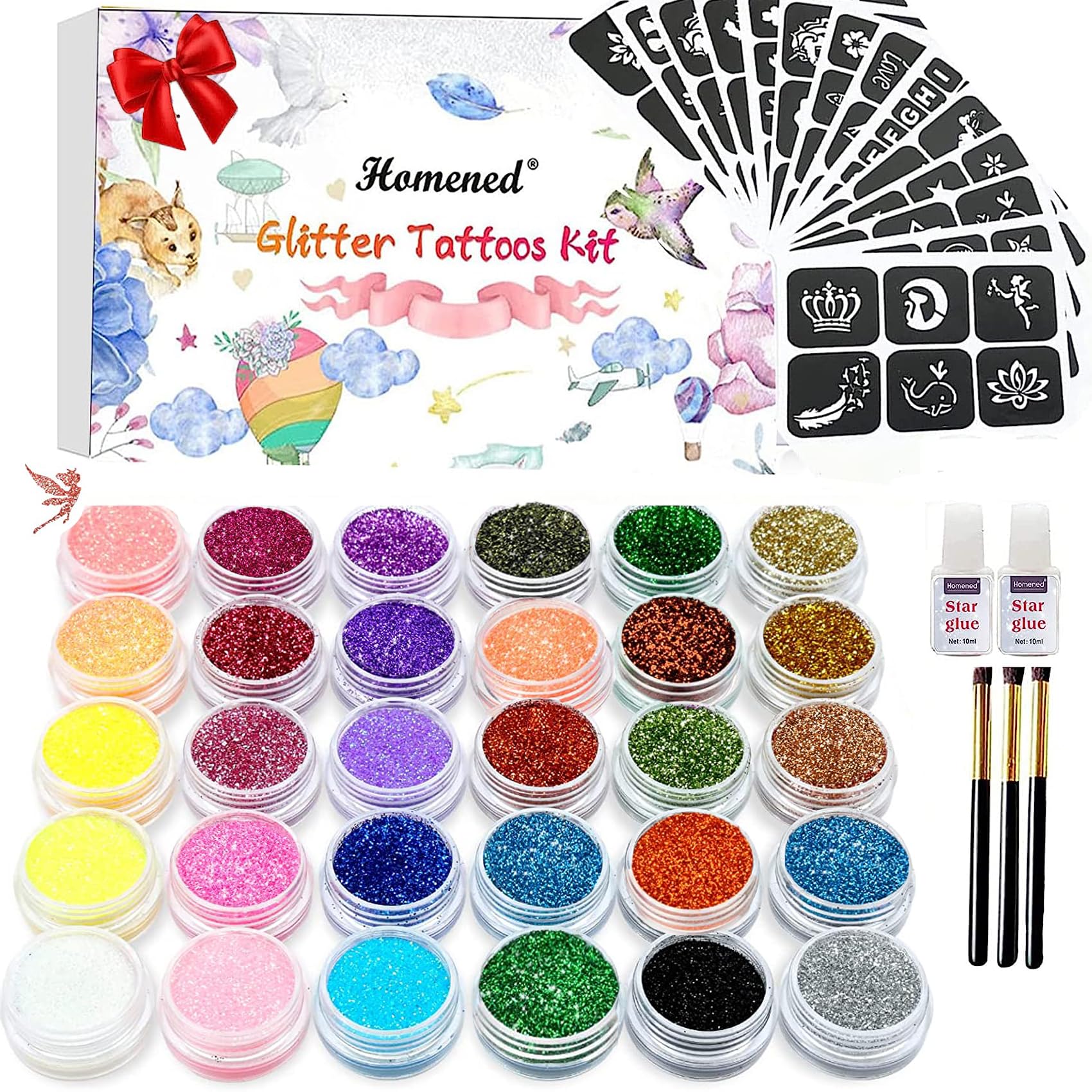 Glitter Tattoos Kit, Temporary Tattoo Set for Kids, 30 Colors Body Glitter,120 Tattoo Stencil, Festival Glitter Make-up for Girls Kids Teenagers Adults