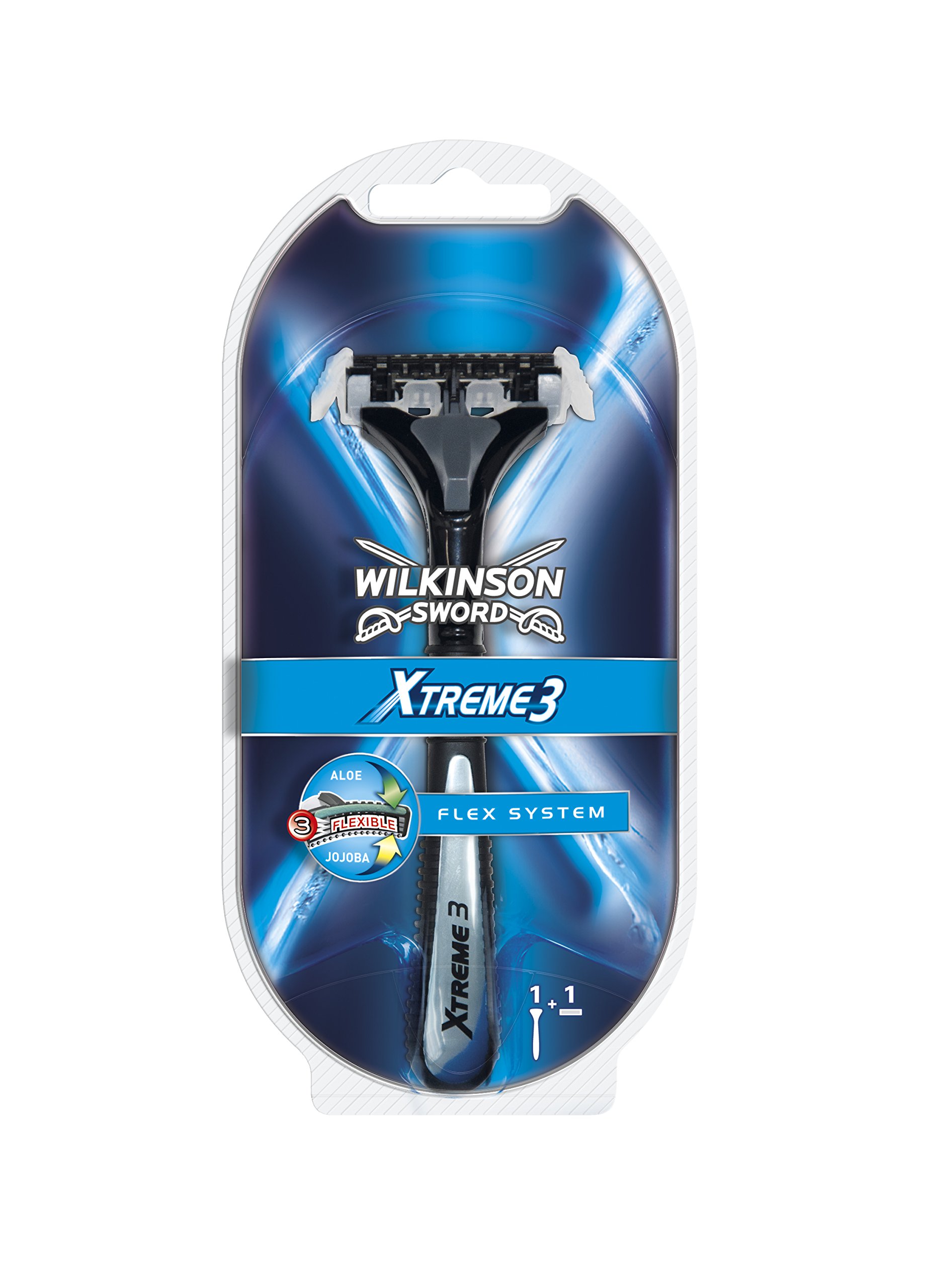 Wilkinson Sword Xtreme 3 Razor, 3 Blade, Flexible Blades, Active Complex Aloe Vera & Jojoba, Pivoting Head, Plastic Handle, Contemporary Style, Unisex, Standard Color, Sensitive Skin, 1 Count