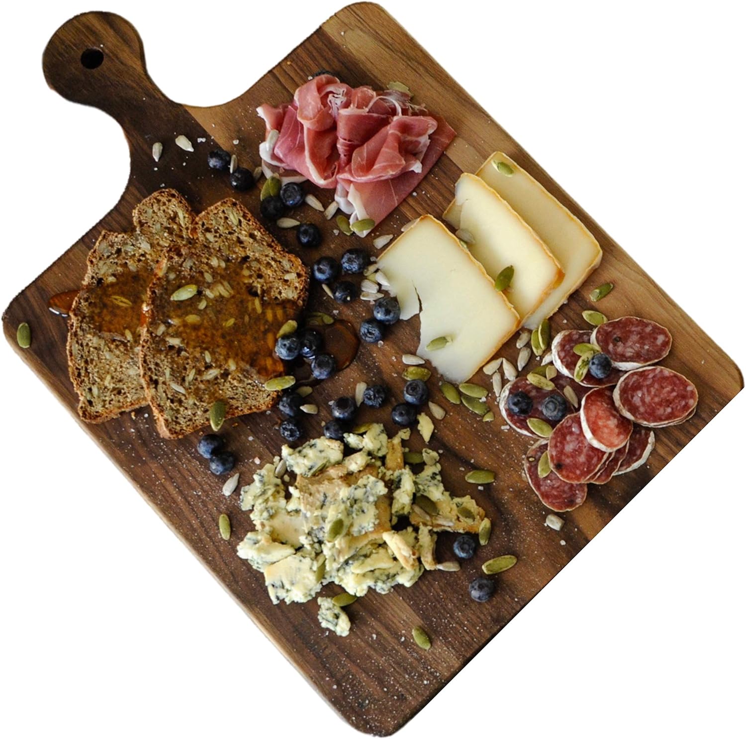 Amazon Com Walnut Wood Cutting Board With Handle By Virginia Boys Kitchens 10x16 American Hardwood Chopping And Serving Rustic Paddle For Bread Cheese Charcuterie And Pizza Kitchen Dining