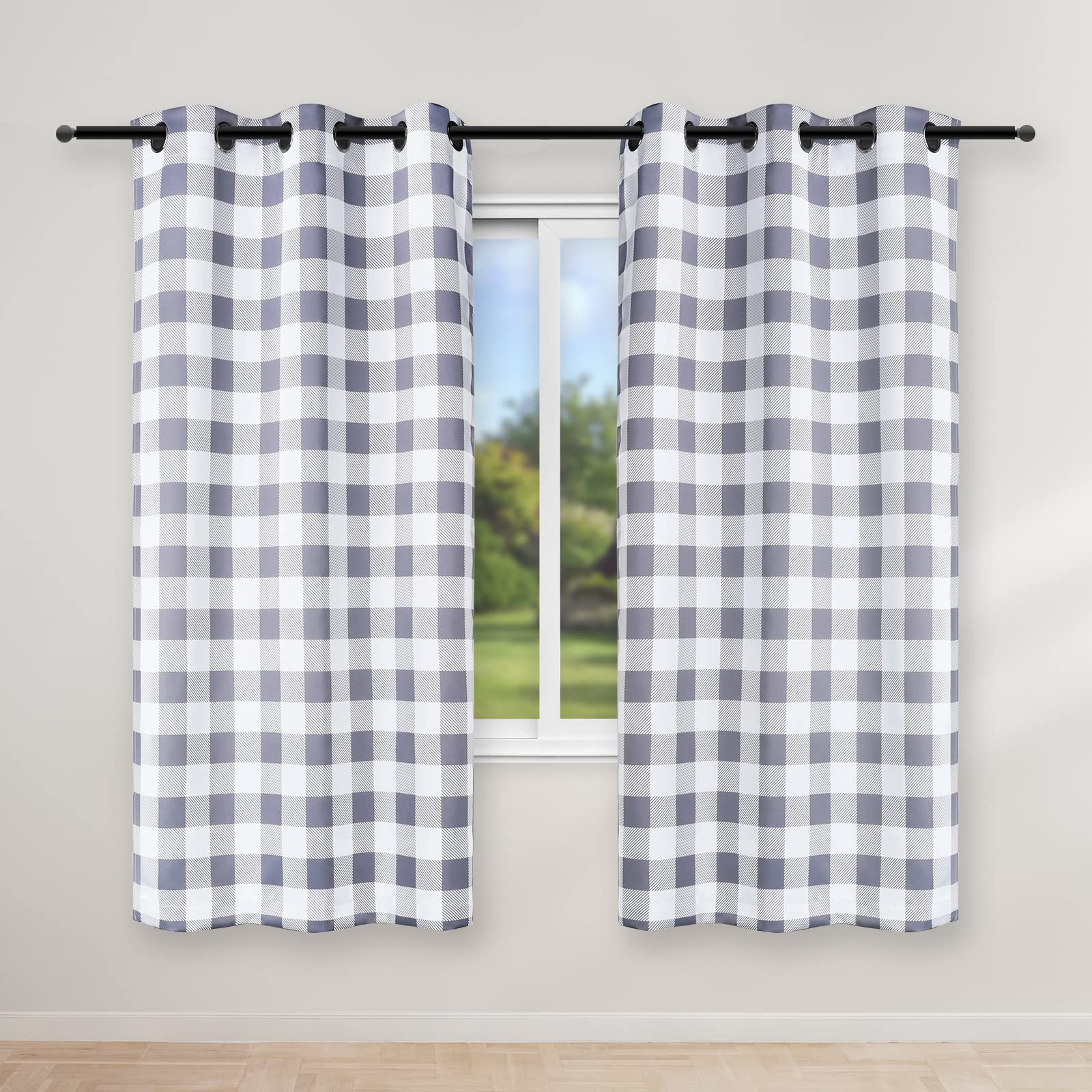 Simple Deluxe Buffalo Check Blackout Curtains Panels for Living Room, Bedroom Farmhouse Courtyard Style Room Darkening Thermal Insulated Plaid Grommet Curtain, 37" W x 63" L, White and Gray