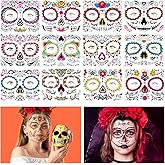 12 Sheet Day of the Dead Face Tattoos, Halloween Temporary Tattoos Face Sticker Skeleton Sugar Skull Fake Tattoos for Halloween, Masquerade and Parties