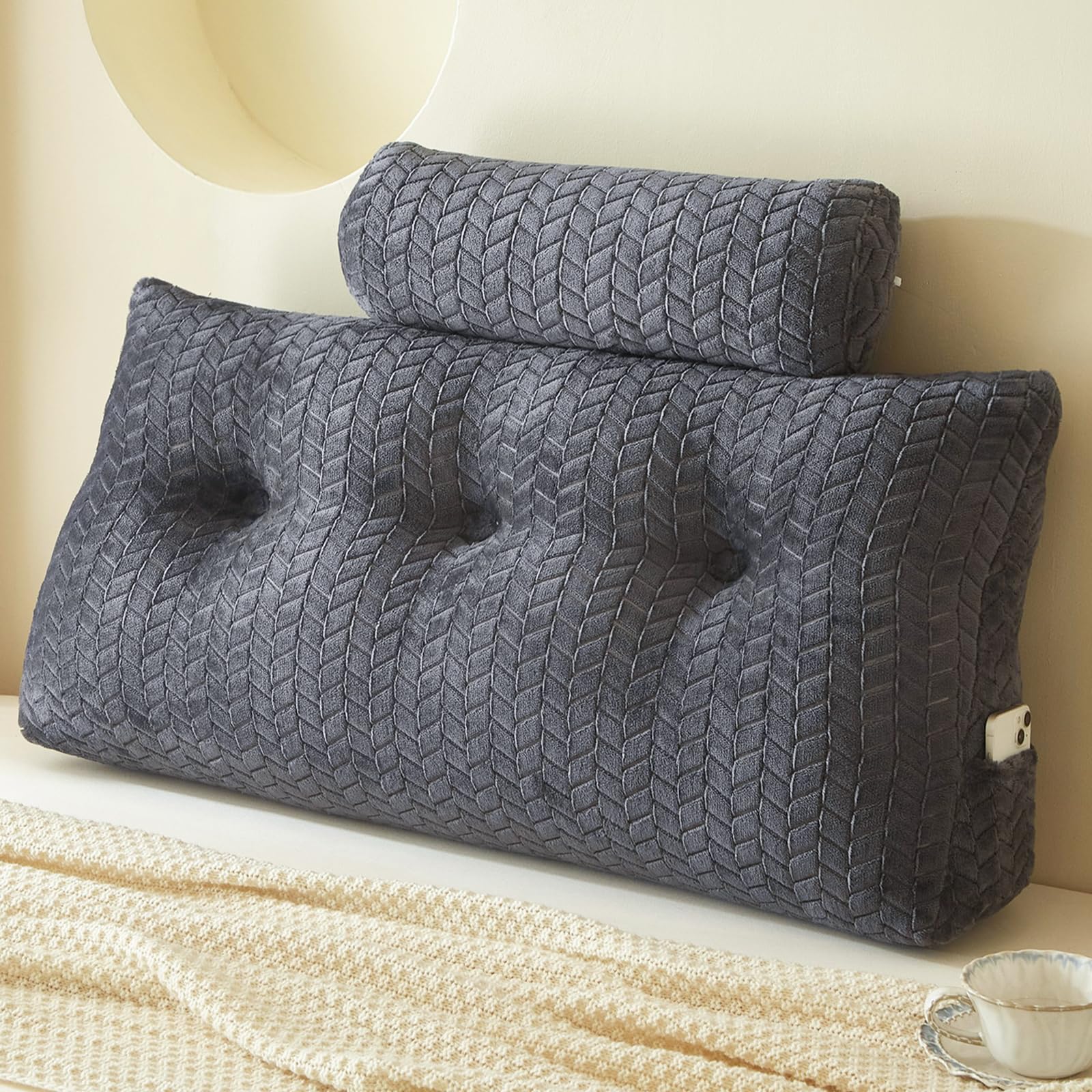 Photo 1 of YOUR MOON Wedge Headboard Pillow Twin with 1 Pack Neck Roll Pillow, Triangular Wedge Backrest Pillows Headboard for Bed,Daybed,and Lounging, Large Bed Bolster Pillows,Dark Gray