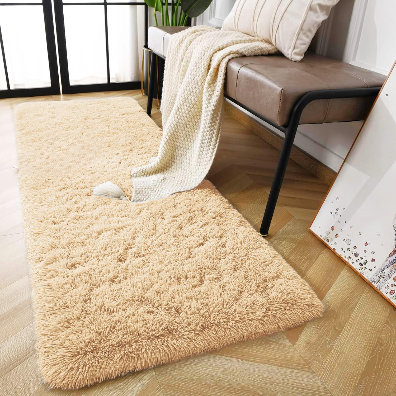 AMEHA Shaggy Runner Rug Beige 60x220 cm Fluffy Soft Non Slip Long Hallway Carpet Living Room Non-Shedding