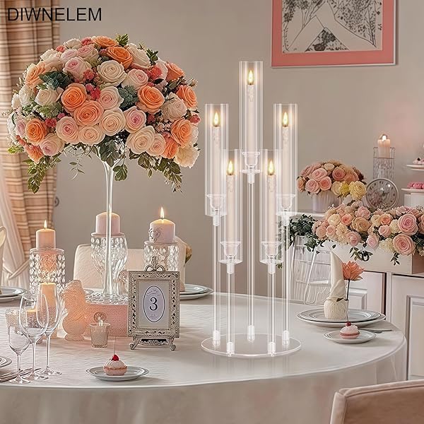 DIWNELEM 4PCS ACRYLIC CANDELABRA CENTERPIECES FOR WEDDING 5 ARM CLEAR CANDLE CANDLESTICKS HOLDERS 25.5″ TALL CRYSTAL TAPER CANDLESTICK WITH SHADE FIT 0.87” LED CANDLE FOR CHRISTMAS PARTY HOME DECOR