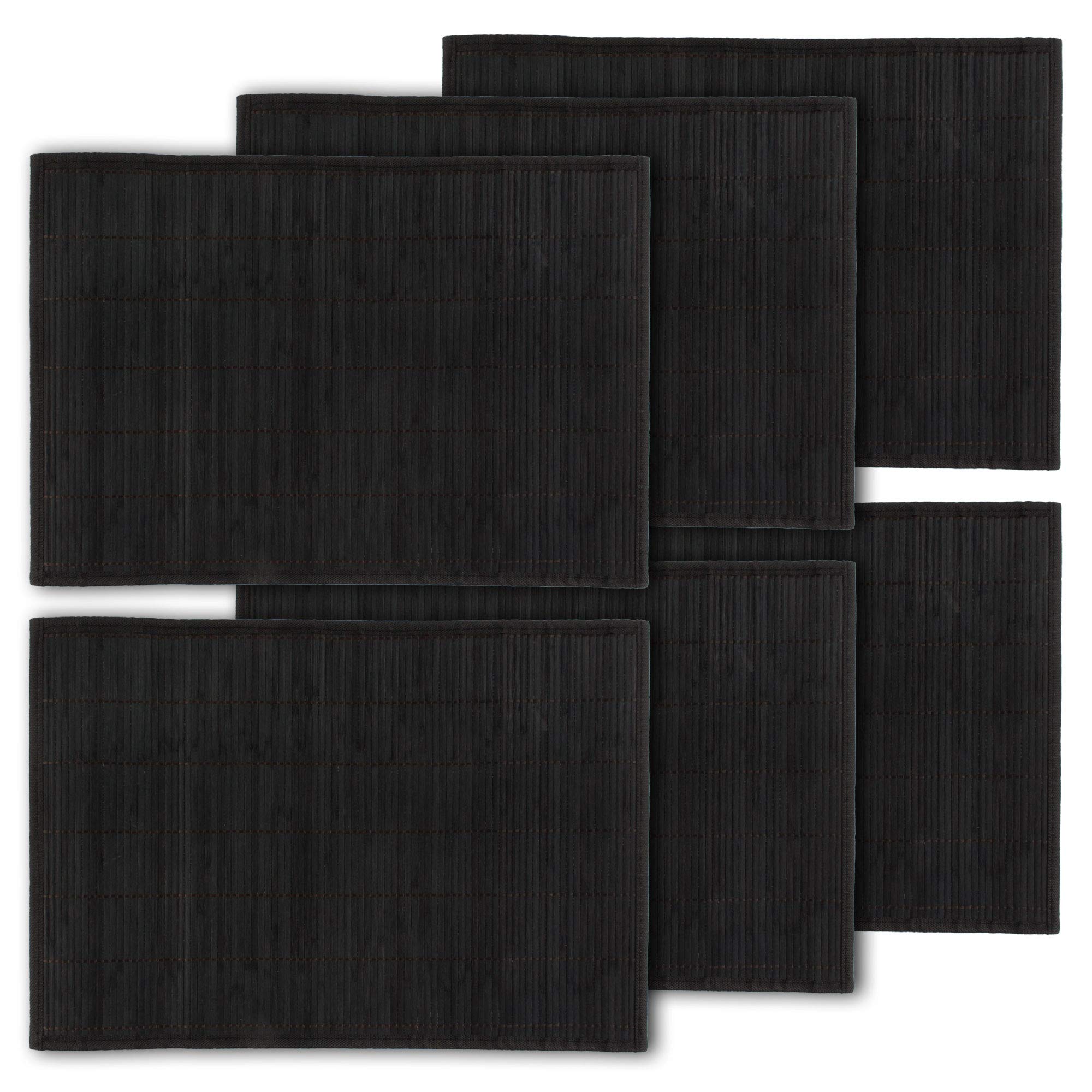 BambooMN Bamboo Slats Placemat with Fabric Border - Solid Colour Print - 18" x 13" - Black, 6 pcs