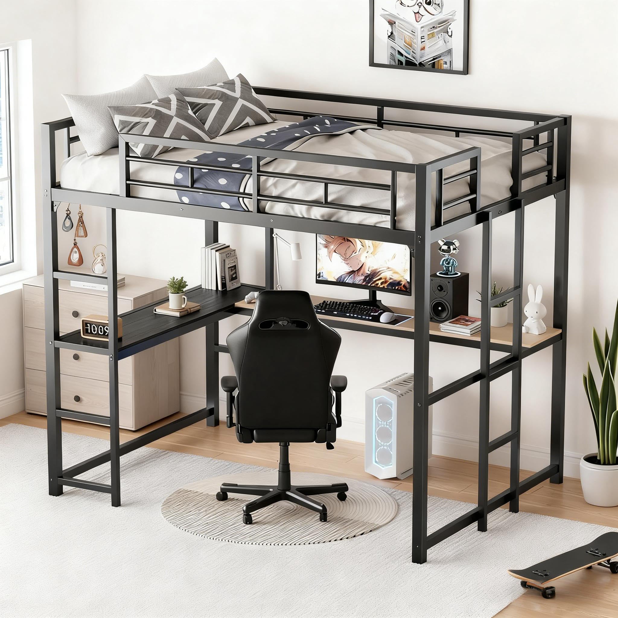 Photo 1 of KMBOHE Full Size Loft Bed with L-Shaped Desk, Sturdy Metal Frame with 350lb Capacity, Space Saving Bed with 2 Ladders & Safety Guardrails, for Small Room & Apartment, No Box Spring Needed, Black